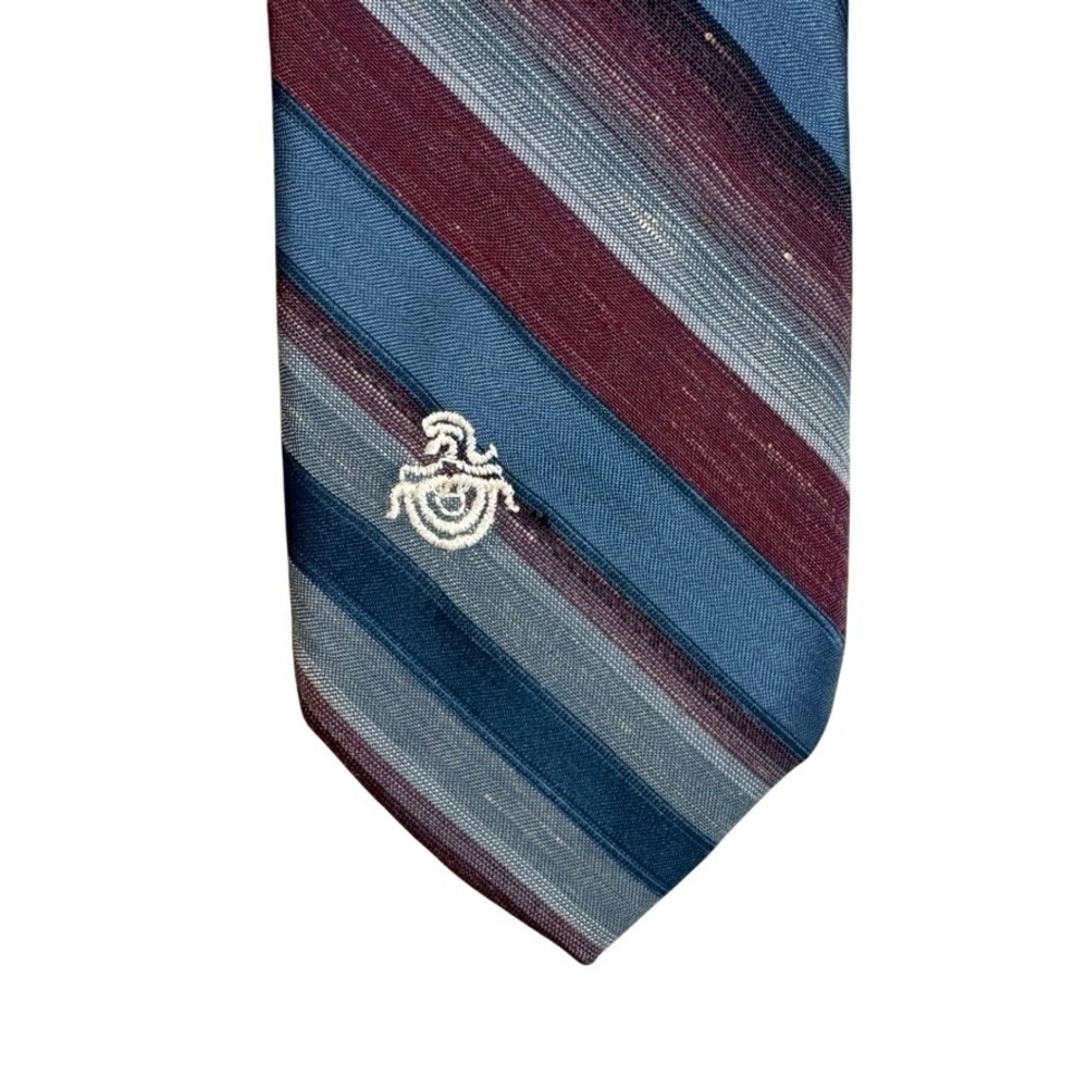 Via Roma Mens Striped Necktie Blue Burgundy Grey Linen Blend Crest Logo RN 34888